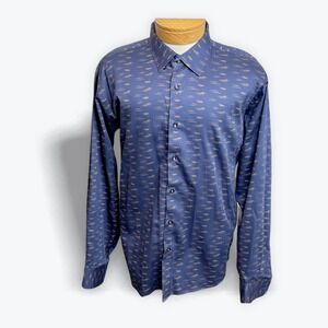 Avenue 21 Mens‎ 2XL Button Down Shirt Blue Gold Pattern Long Sleeve